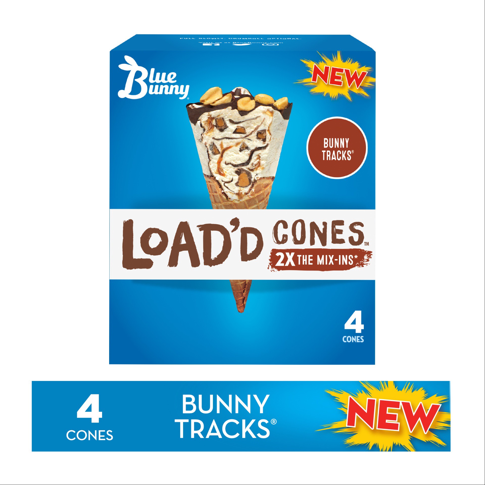 slide 1 of 4, Blue Bunny Loadd Cones Bunny Tracks, 4 ct