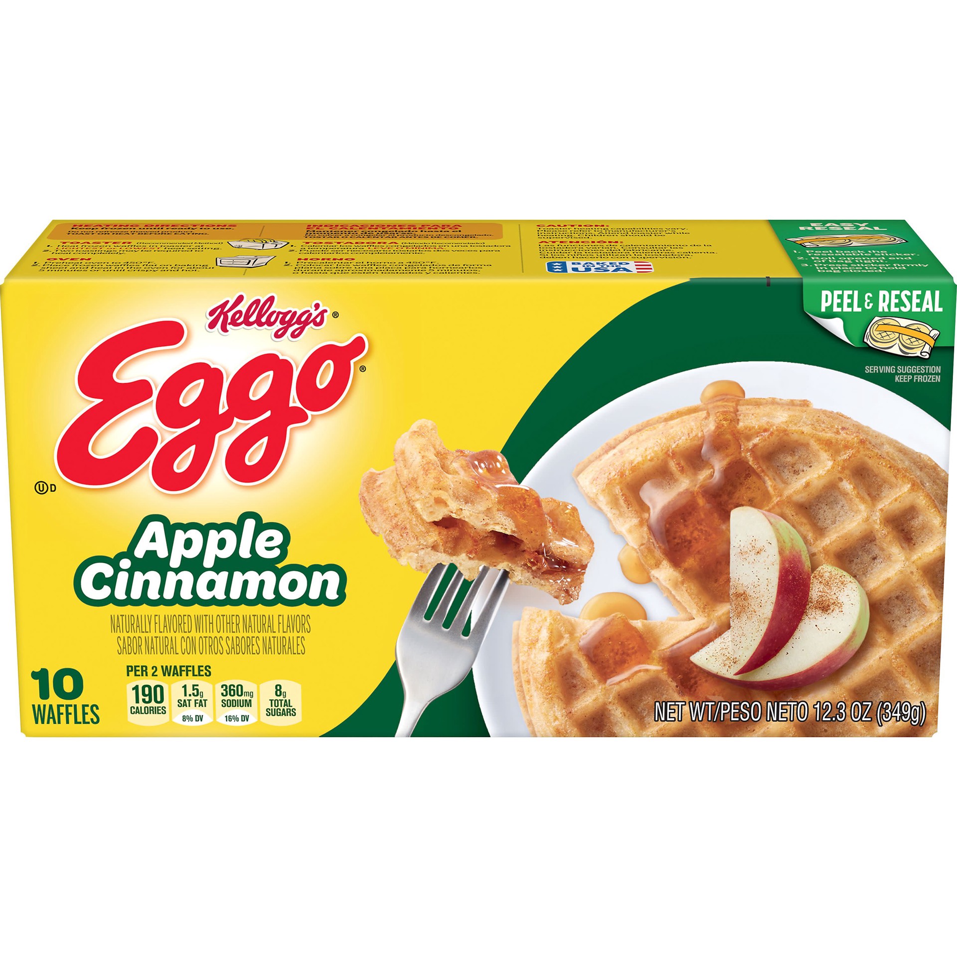 slide 1 of 5, Eggo Frozen Waffles, Frozen Breakfast, Resealable, Apple Cinnamon, 12.3oz Box, 10 Waffles, 12.3 oz