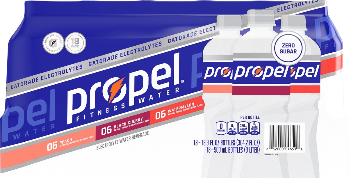 slide 2 of 6, Propel Fitness Water, Peach/Black Cherry/Watermelon, 18 Pack, 18 ct, 16.9 oz