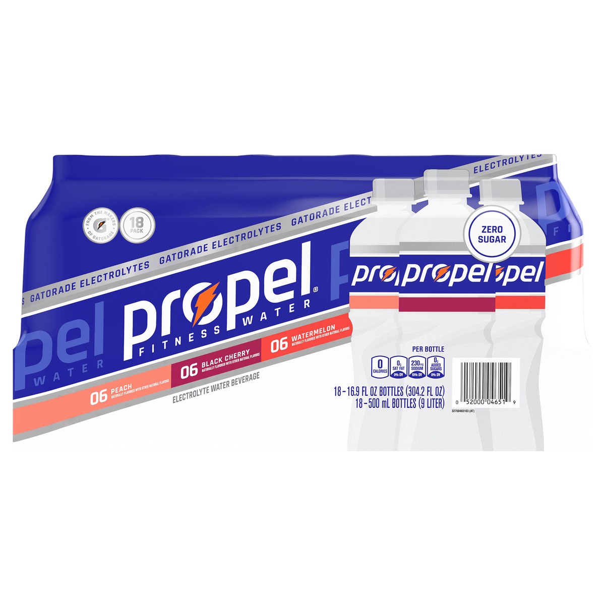 slide 5 of 6, Propel Fitness Water, Peach/Black Cherry/Watermelon, 18 Pack, 18 ct, 16.9 oz