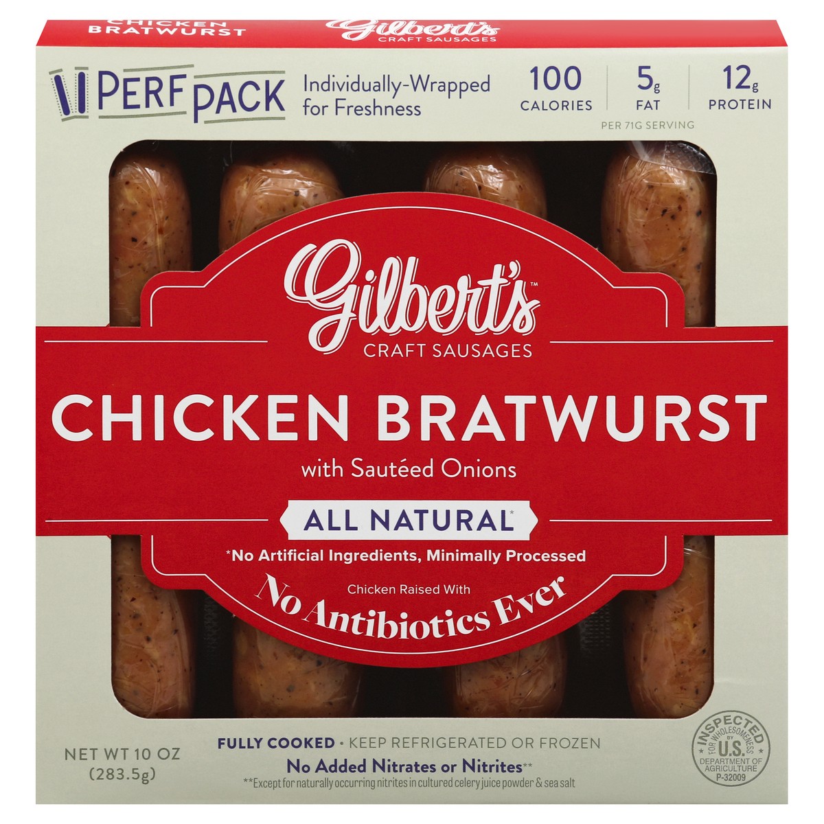 slide 1 of 13, Gilberts Craft Sausage Chicken Bratwurst With Sauteed Onions, 10 oz