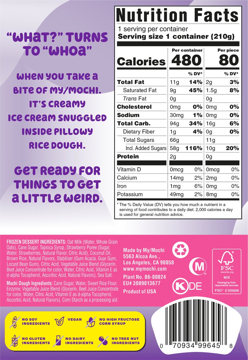 slide 2 of 9, My/Mochi Non-Dairy Frozen Dessert Strawberry, 6-Pack, 6 ct; 1.5 oz