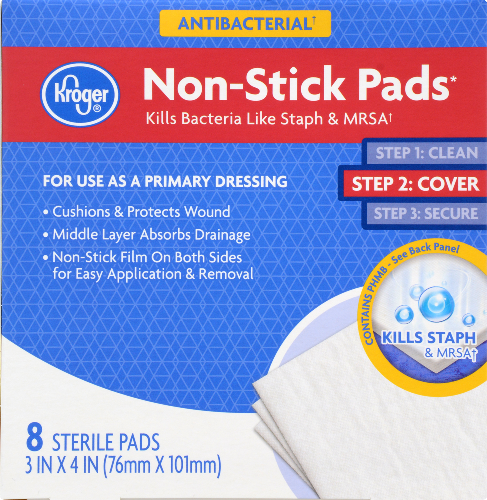 slide 1 of 1, Kroger Antibacterial Non-Stick Pads, 8 ct