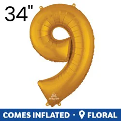 Gold Number 9 Helium Filled Balloon - 34 Inches Big