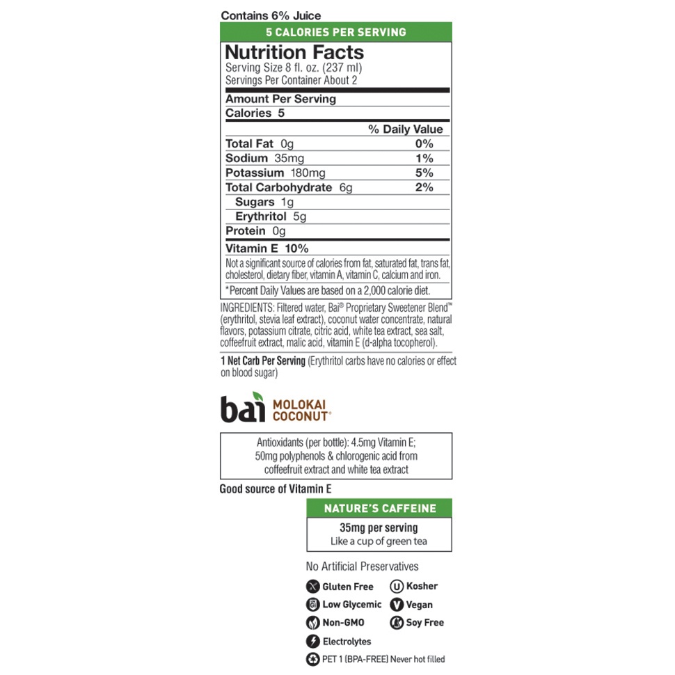 slide 3 of 3, Bai Cocofusions Molokai Coconut Antioxidant Infused Beverage, 18 oz