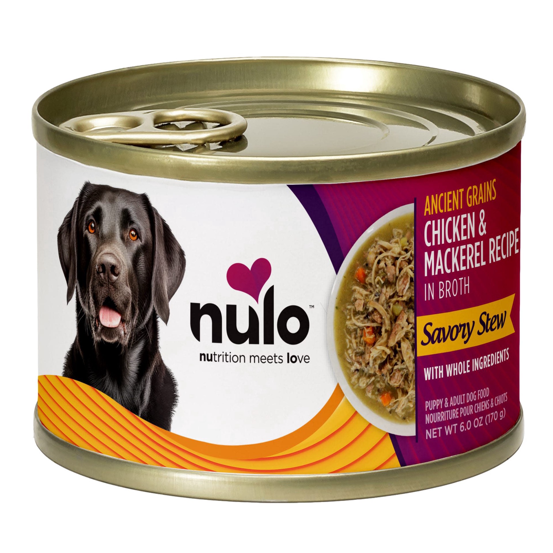 slide 1 of 1, Nulo Ancient Grain Savory Stew, Chicken & Mackerel for Puppy & Adult Dog Food, 6 oz