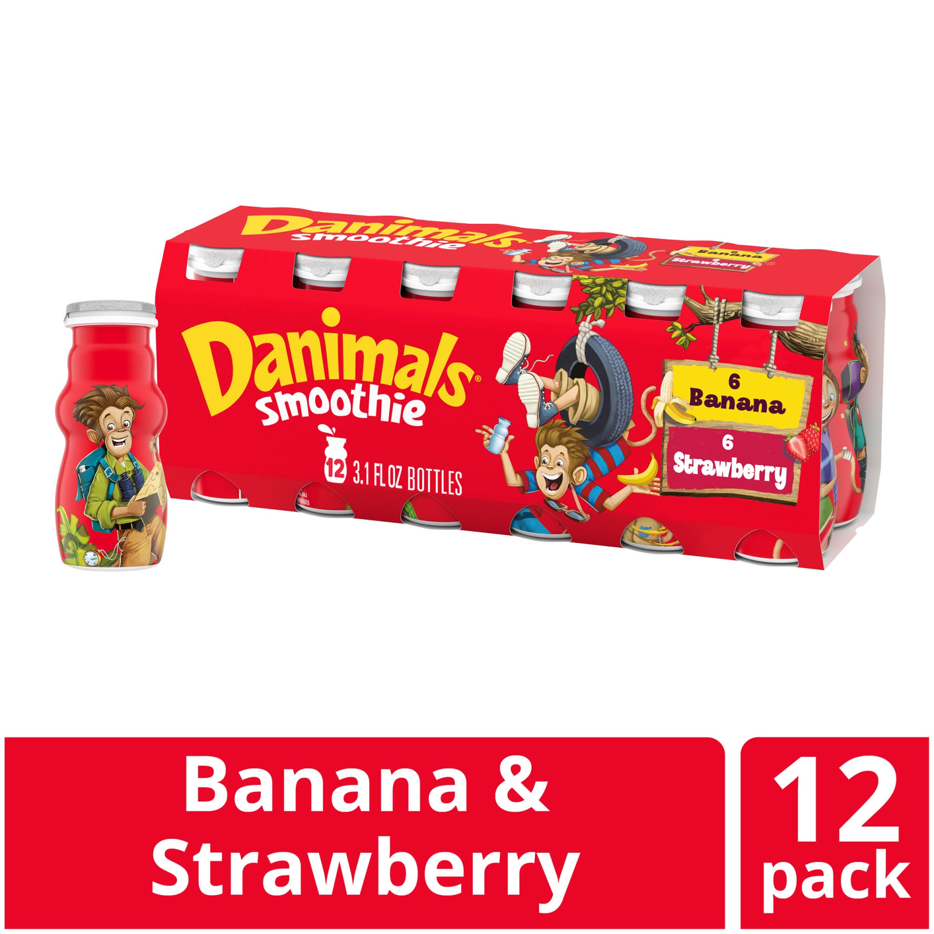 slide 1 of 1, Danimals Strawberry Explosion & Banana Split Variety Pack Smoothies Bottles, 3.1 fl oz