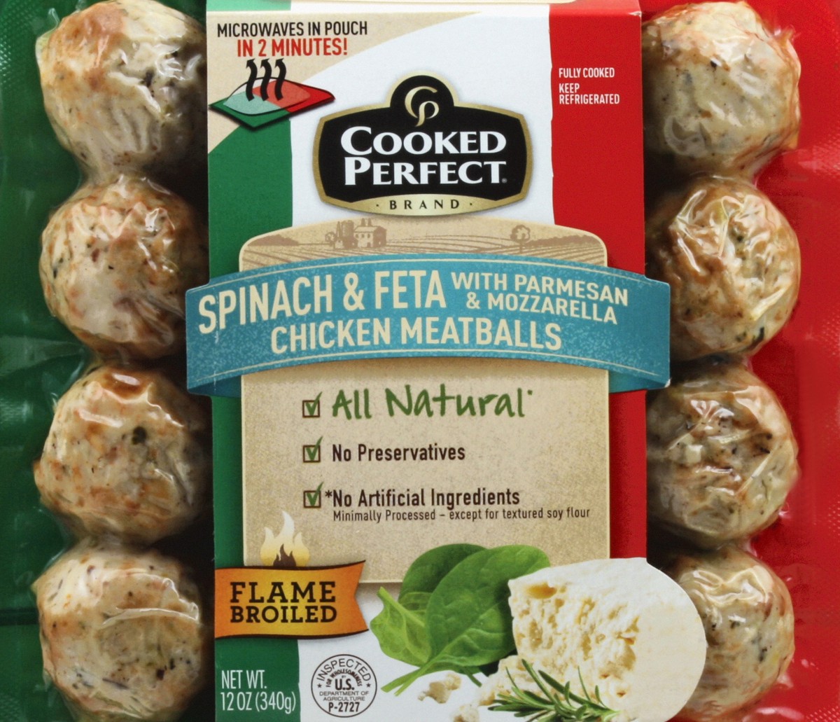 slide 5 of 6, Cooked Perfect Spinach & Feta Chicken Meatball, 12 oz