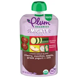 Plum Organics Mighty Builder 4 Food Group Blend Cherry, Zucchini, Apple, Greek Yogurt + Oat 4oz Pouch