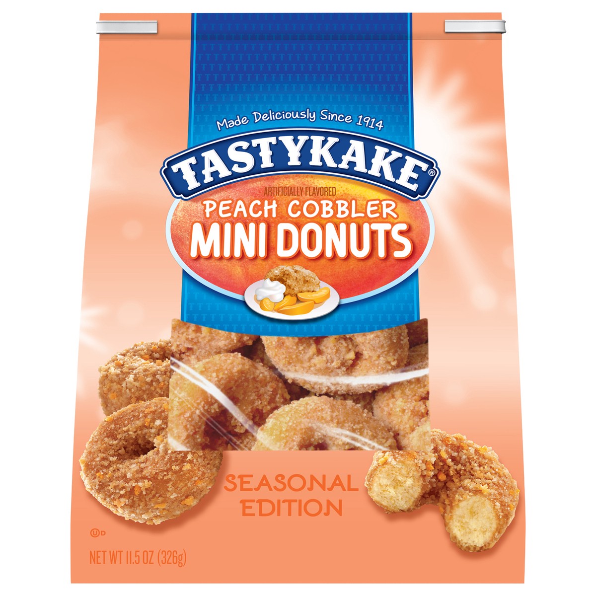 slide 1 of 2, Tastykake Peach Cobbler Mini Donuts, Shareable Peach Flavored Crumb Covered Donuts, 11.5 oz , 11.5 oz