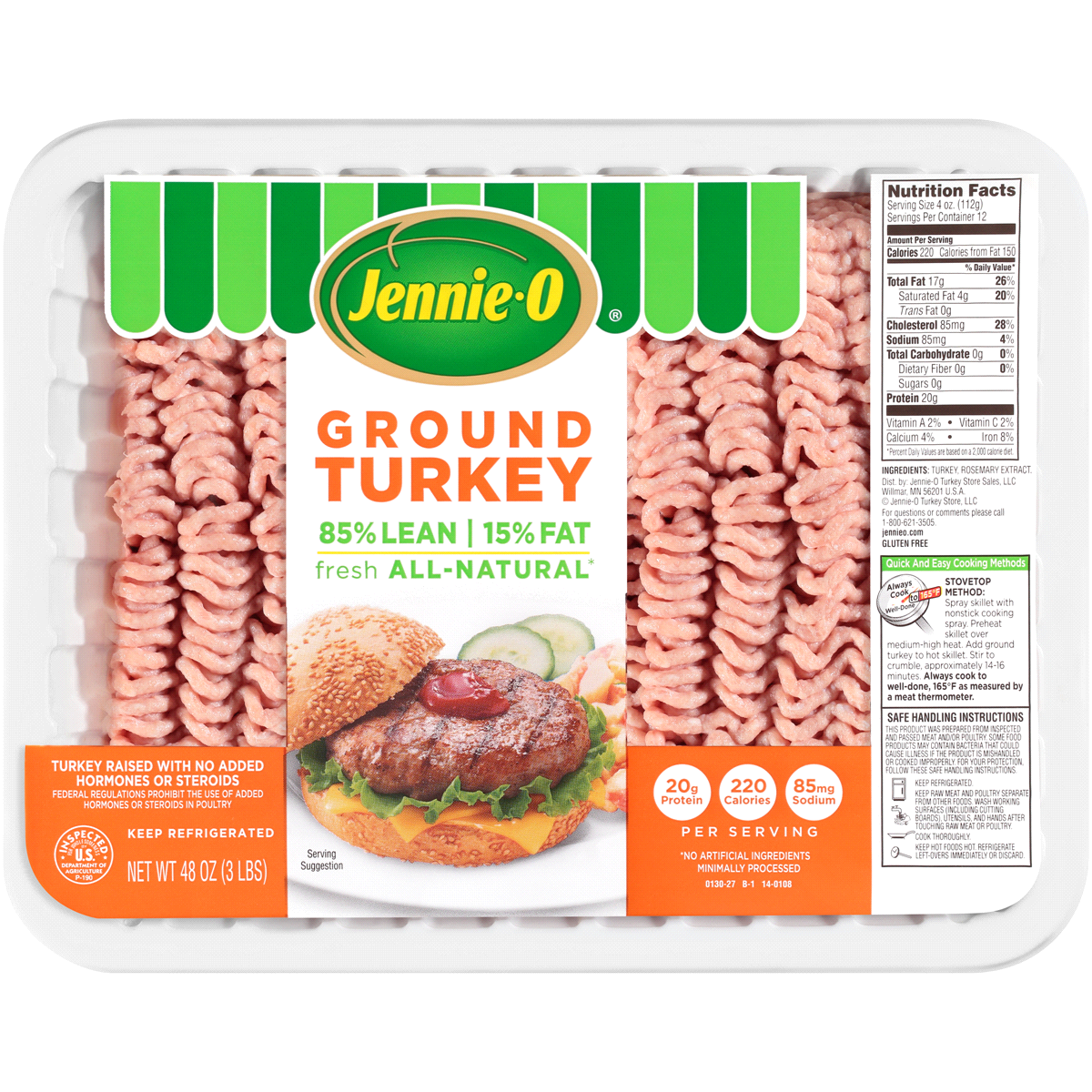 slide 1 of 1, Jennie-O JENNIE-O Ground Turkey 85% Lean / 15% Fat - 3 lb. tray, 