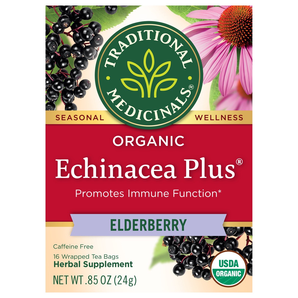 slide 1 of 3, Traditional Medicinals Organic Echinacea Plus Elderberry Caffeine Free Herbal Tea, 16 ct
