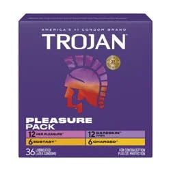Trojan Pleasure Pack, Assorted Latex Lubricated Condoms for Men, Her Pleasure, Bareskin Studded, Ecstasy & Charged Varieties, 36 Count