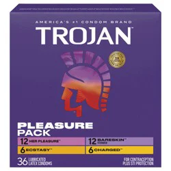Trojan Pleasure Pack Assorted Latex Lubricated Condoms for Men, Her Pleasure, Bareskin Studded, Ecstasy & Charged Varieties, 36 Count