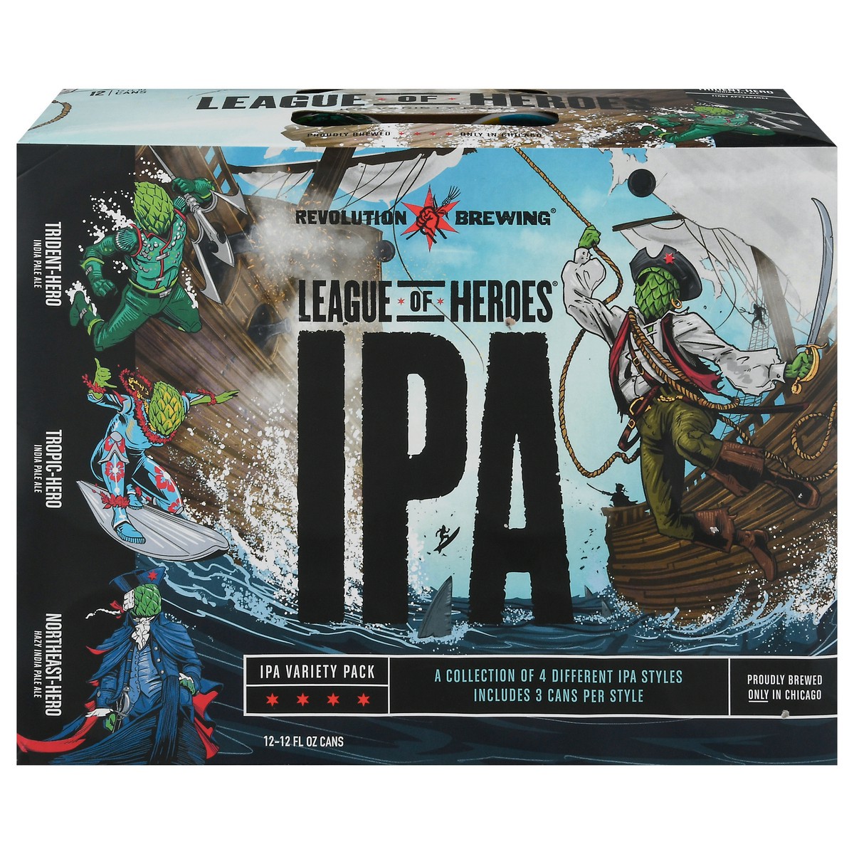 slide 1 of 1, Revolution Brewing IPA Variety Pack Trident-Hero Anti-Hero Tropic-Hero Northeast-Hero Beer 12 - 12 fl oz Cans, 12 ct; 12 fl oz