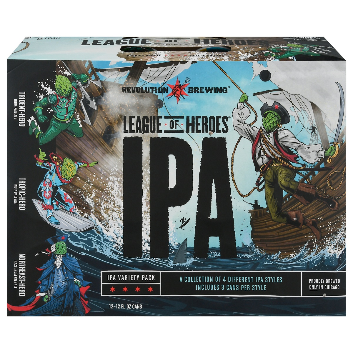 slide 1 of 1, Revolution Brewing IPA Variety Pack Trident-Hero Anti-Hero Tropic-Hero Northeast-Hero Beer 12 - 12 fl oz Cans, 12 ct