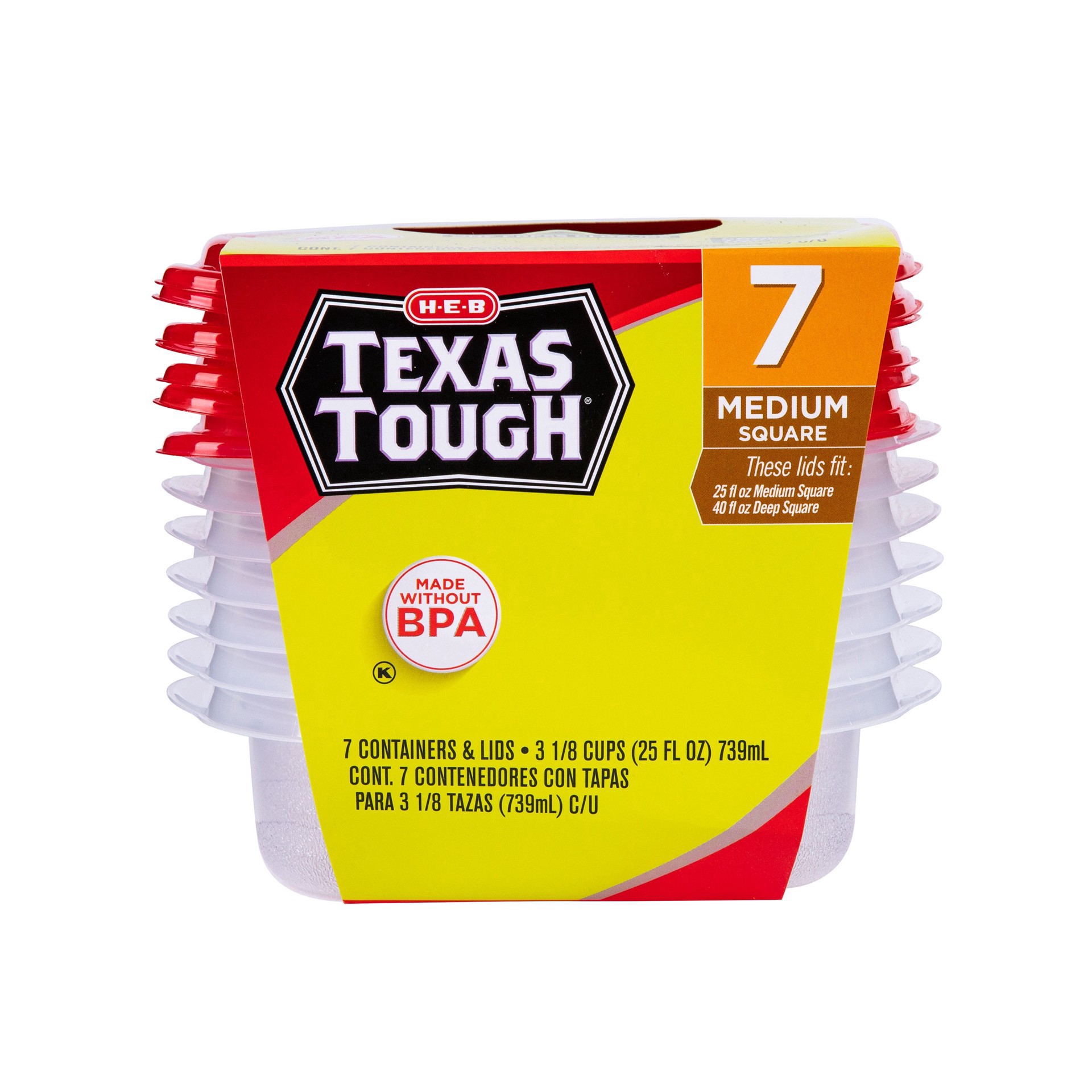 slide 1 of 1, H-E-B 7 Texas Tough Medium Square Storage Containers, 25 oz