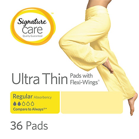slide 1 of 1, Signature Care Pads With Flexi Wings Ultra Thin Regular Absorbency, 36 ct