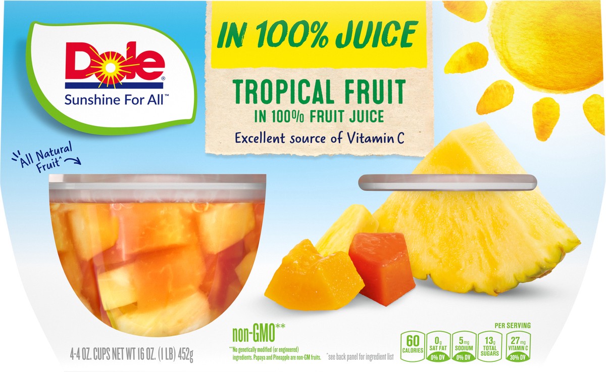 slide 3 of 9, Dole 100% Natural Tropical Fruit in a Juice, 4 ct; 4 oz