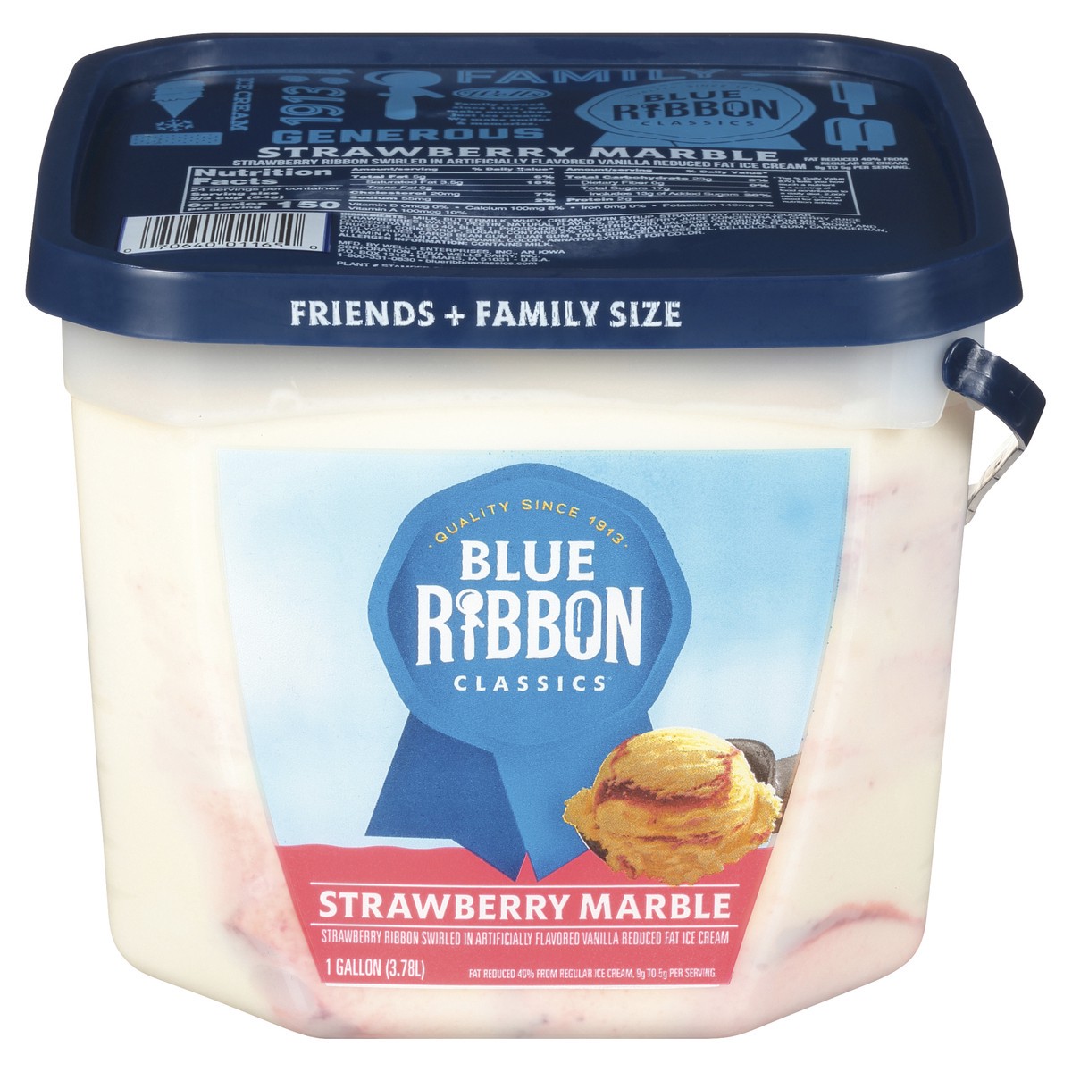 slide 1 of 11, Blue Ribbon Classics Blue Ribbon Ice Cream, Reduced Fat, Strawberry Marble, Family Size, 1 gal