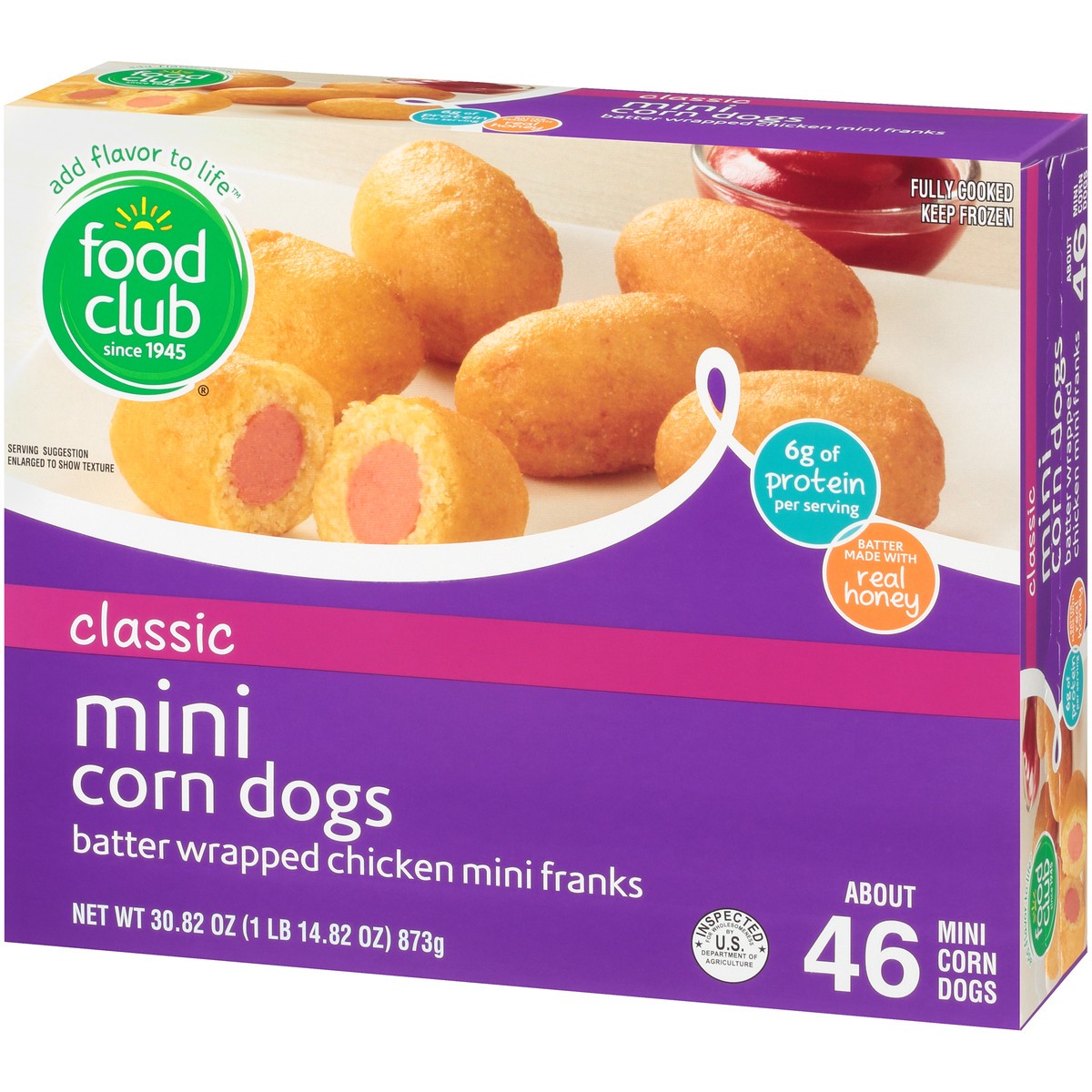 slide 3 of 10, Food Club Classic Mini Corn Dogs Batter Wrapped Chicken Mini Franks 46Ct, 30.82 oz