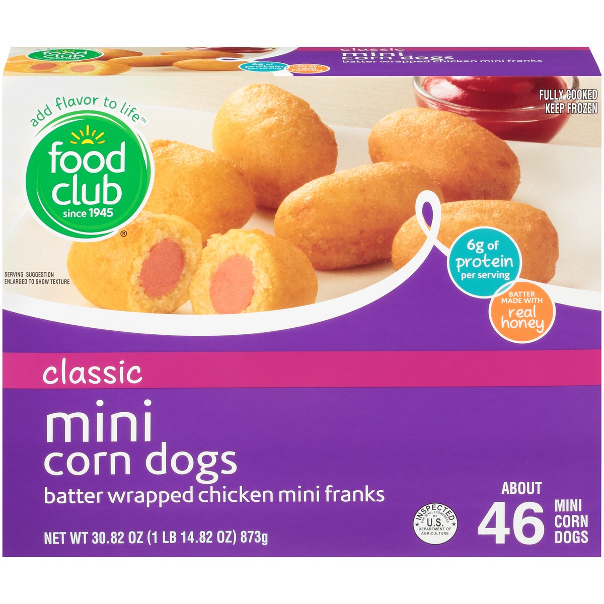 slide 1 of 10, Food Club Classic Mini Corn Dogs Batter Wrapped Chicken Mini Franks 46Ct, 30.82 oz