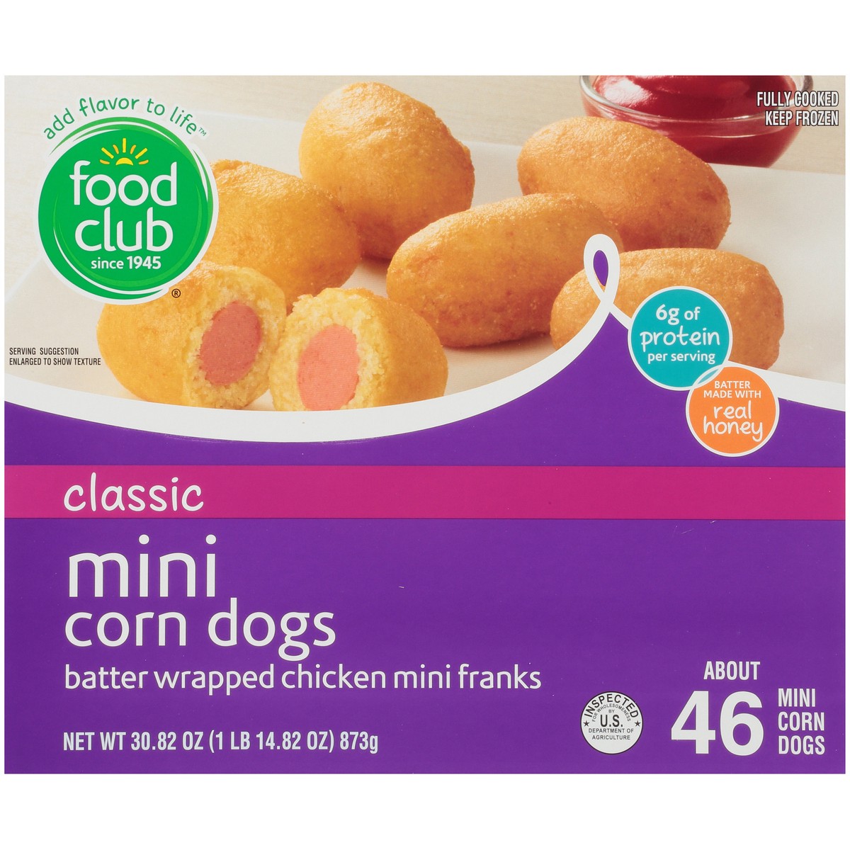 slide 9 of 10, Food Club Classic Mini Corn Dogs Batter Wrapped Chicken Mini Franks 46Ct, 30.82 oz