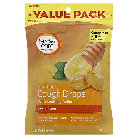 slide 1 of 1, Signature Care Cough Drops Menthol Hny Lemon Vp, 80 ct