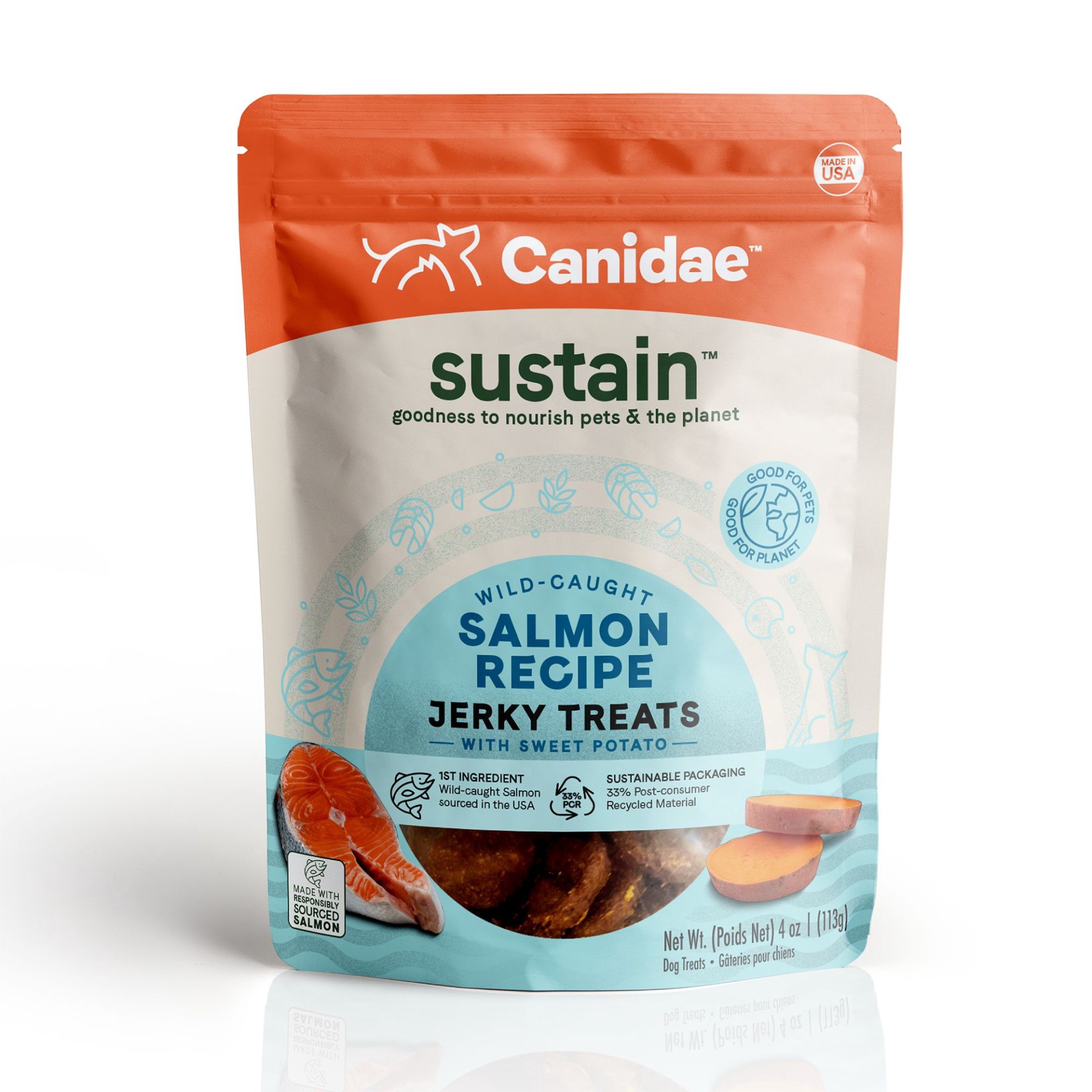 slide 1 of 1, CANIDAE Sustain Salmon & Sweet Potato Jerky Dog Treats, 4 oz