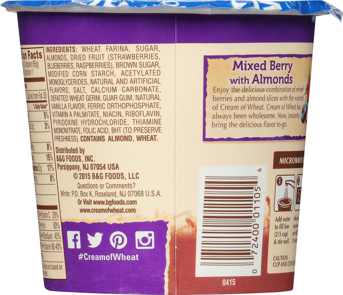 slide 8 of 9, Cream of Wheat® To-Go Mixed Berry with Almonds Instant Hot Cereal 2.29 oz. Cup, 2.29 oz