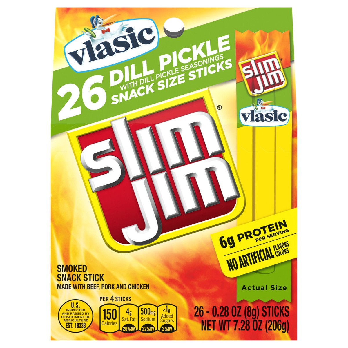 slide 1 of 13, Slim Jim Vlasic Dill Pickle Snack Size Meat Sticks, 0.28 oz. each, 26-Count, 26 ct