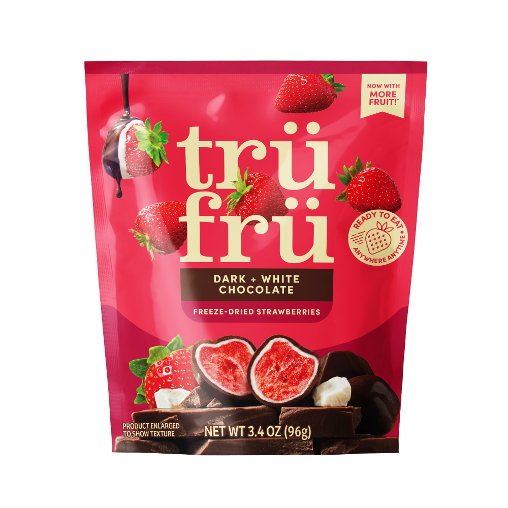 slide 1 of 2, Tru Fru Grab & Share Freeze-Dried Strawberries in White & Dark Chocolate, 3.4 oz
