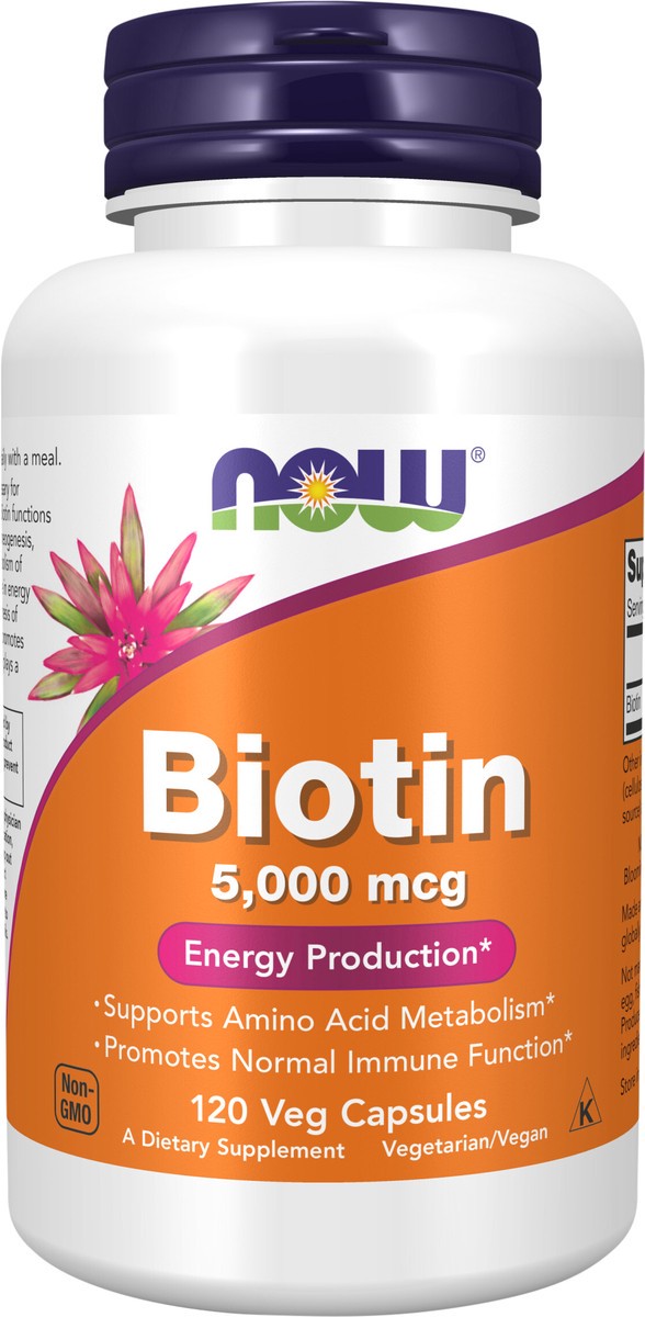 slide 2 of 2, NOW Supplements, Biotin 5,000 mcg, Amino Acid Metabolism*, Energy Production*, 120 Veg Capsules, 120 ct