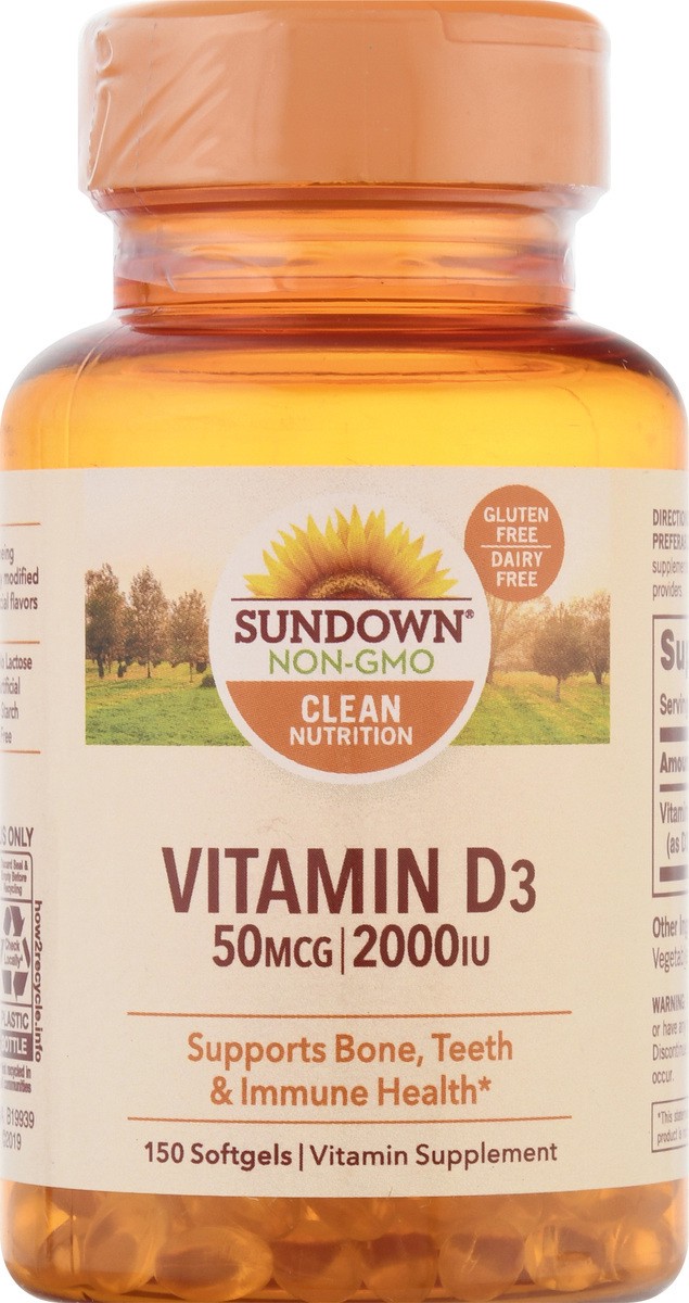 slide 3 of 9, Sundown Non-GMO 50 mcg Softgels Vitamin D3 150 ea, 120 ct