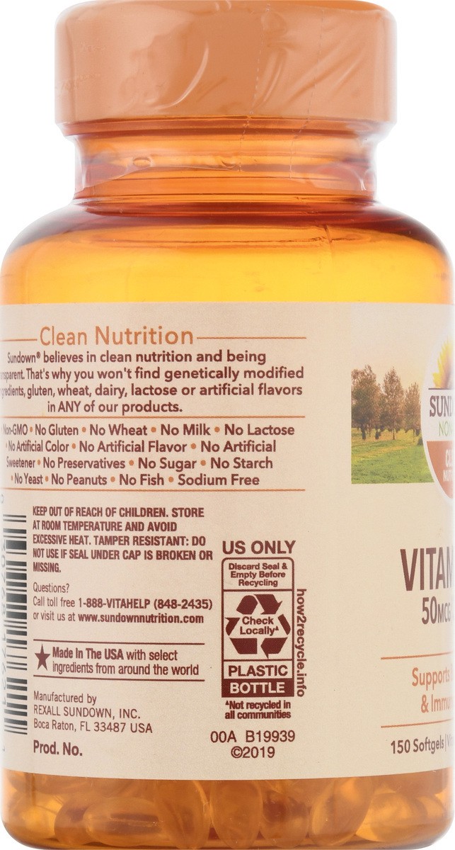 slide 4 of 9, Sundown Non-GMO 50 mcg Softgels Vitamin D3 150 ea, 120 ct