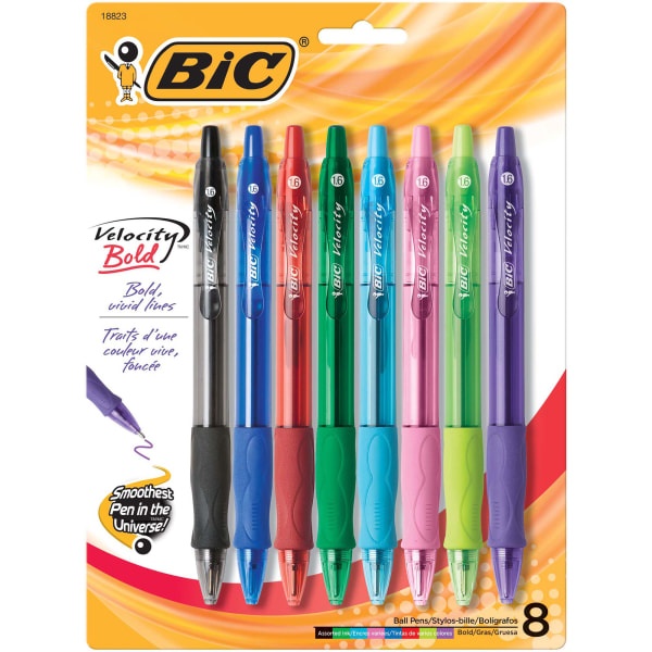 slide 1 of 4, BIC Velocity Ballpoint Pens, Bold Point, 1.6 Mm, Translucent Barrel, Assorted Ink Colors, Pack Of 8 Pens, 8 ct