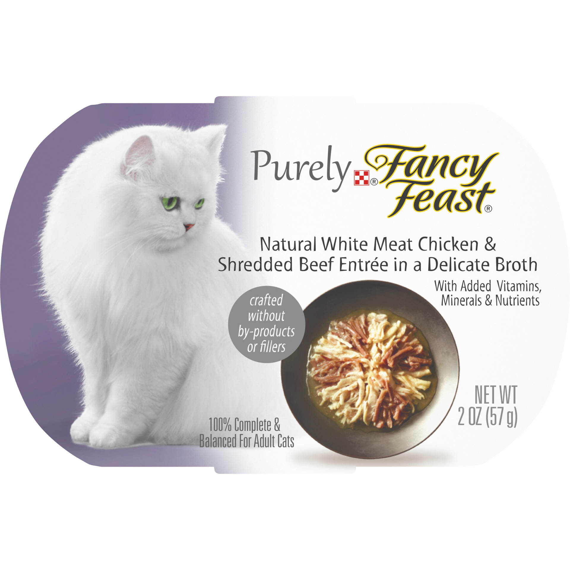 slide 1 of 6, Purina Purely Fancy Feast Natural White Meat Chicken & Shredded Beef Entree In A Delicate Broth Cat Food, 2 oz