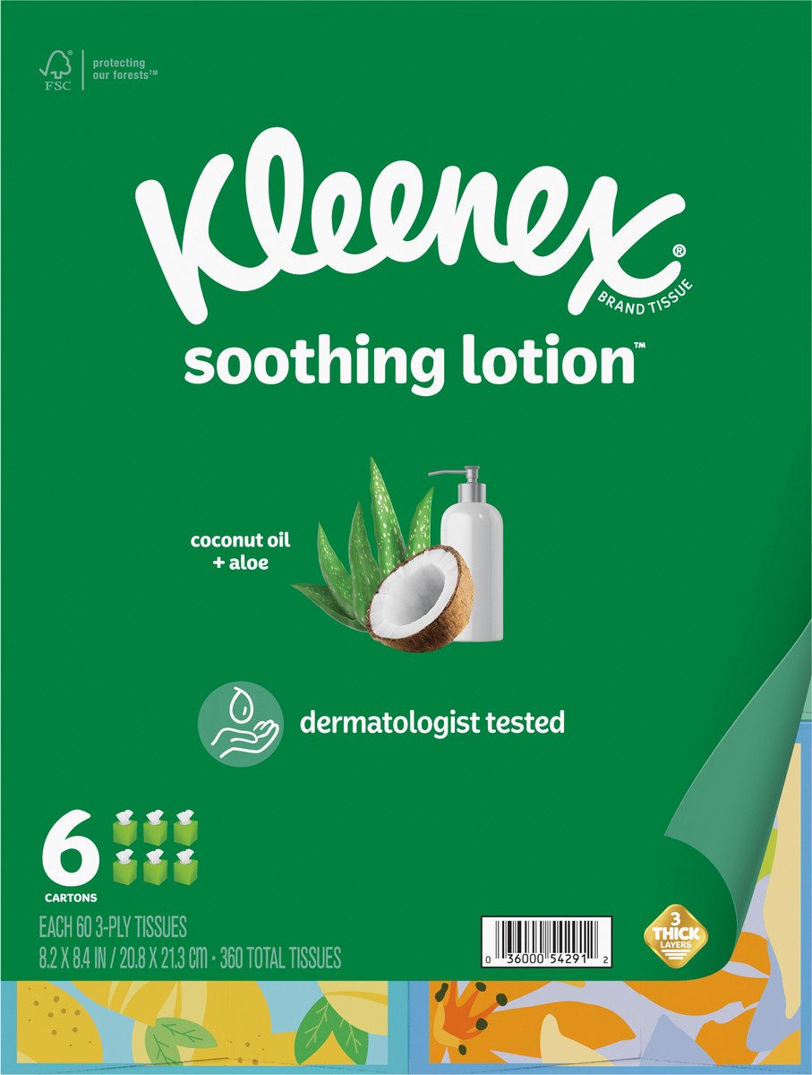 slide 3 of 10, Kleenex Soothing Lotion Facial Tissues with Coconut Oil, 6 Cube Boxes, 60 Tissues per Box, 3-Ply (360 Total Tissues), 6 ct