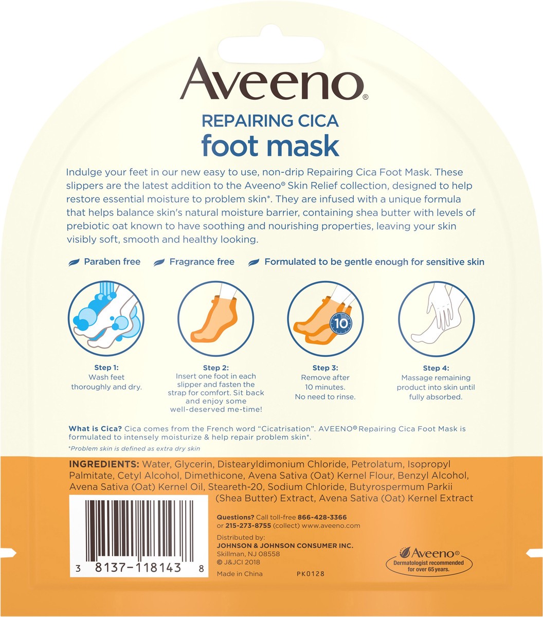 slide 7 of 7, Aveeno Repairing CICA Foot Mask with Prebiotic Oat and Shea Butter, Moisturizing Foot Mask for Extra Dry Skin, 1 Pair of Single-Use Slippers, 1 ct