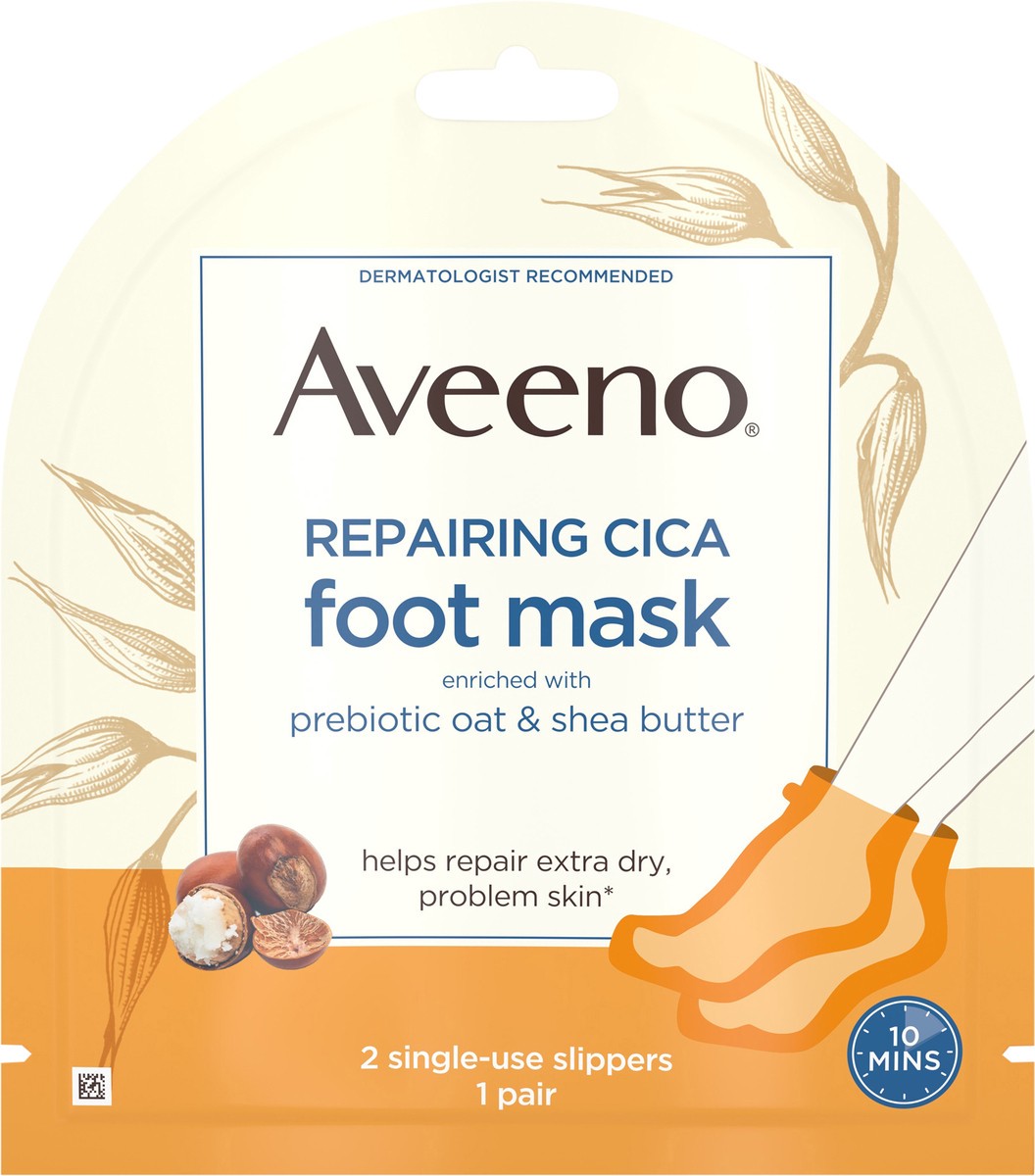 slide 2 of 7, Aveeno Repairing CICA Foot Mask with Prebiotic Oat and Shea Butter, Moisturizing Foot Mask for Extra Dry Skin, 1 Pair of Single-Use Slippers, 1 ct