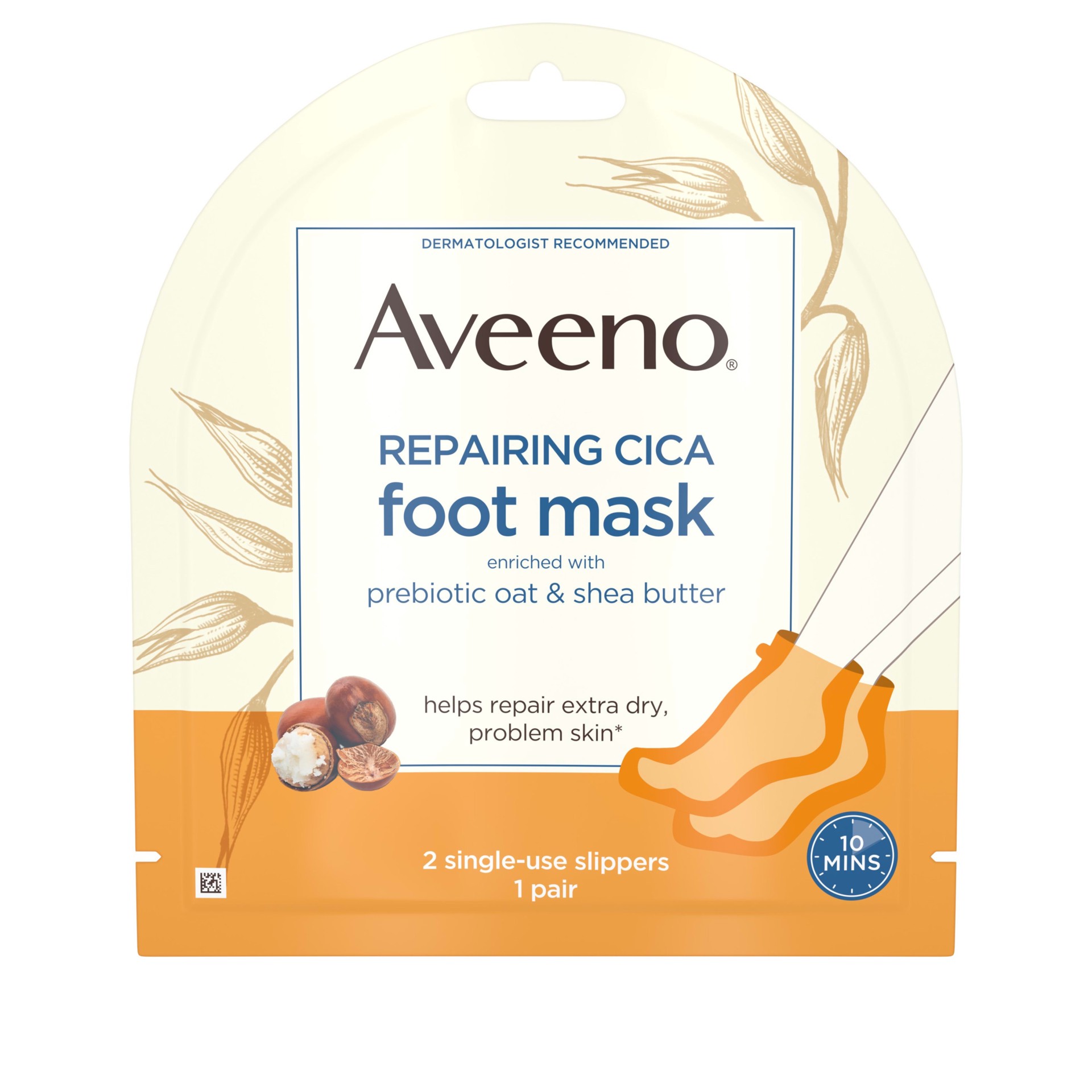 slide 1 of 7, Aveeno Repairing CICA Foot Mask with Prebiotic Oat and Shea Butter, Moisturizing Foot Mask for Extra Dry Skin, 1 Pair of Single-Use Slippers, 1 ct