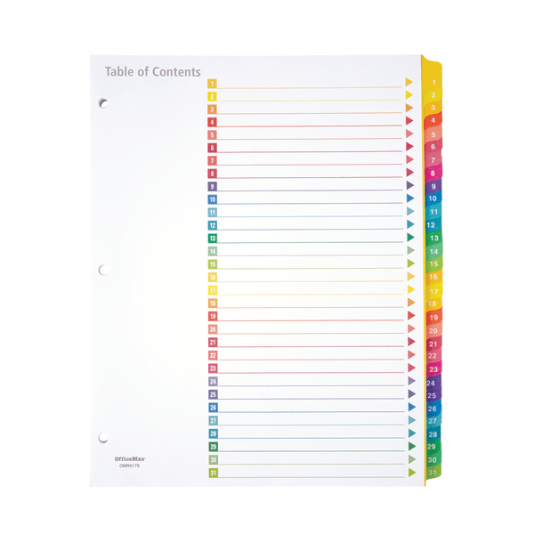 slide 1 of 1, Office Depot Brand Table Of Contents Customizable Index With Preprinted Tabs, Assorted Colors, Numbered 1-31, 1 ct