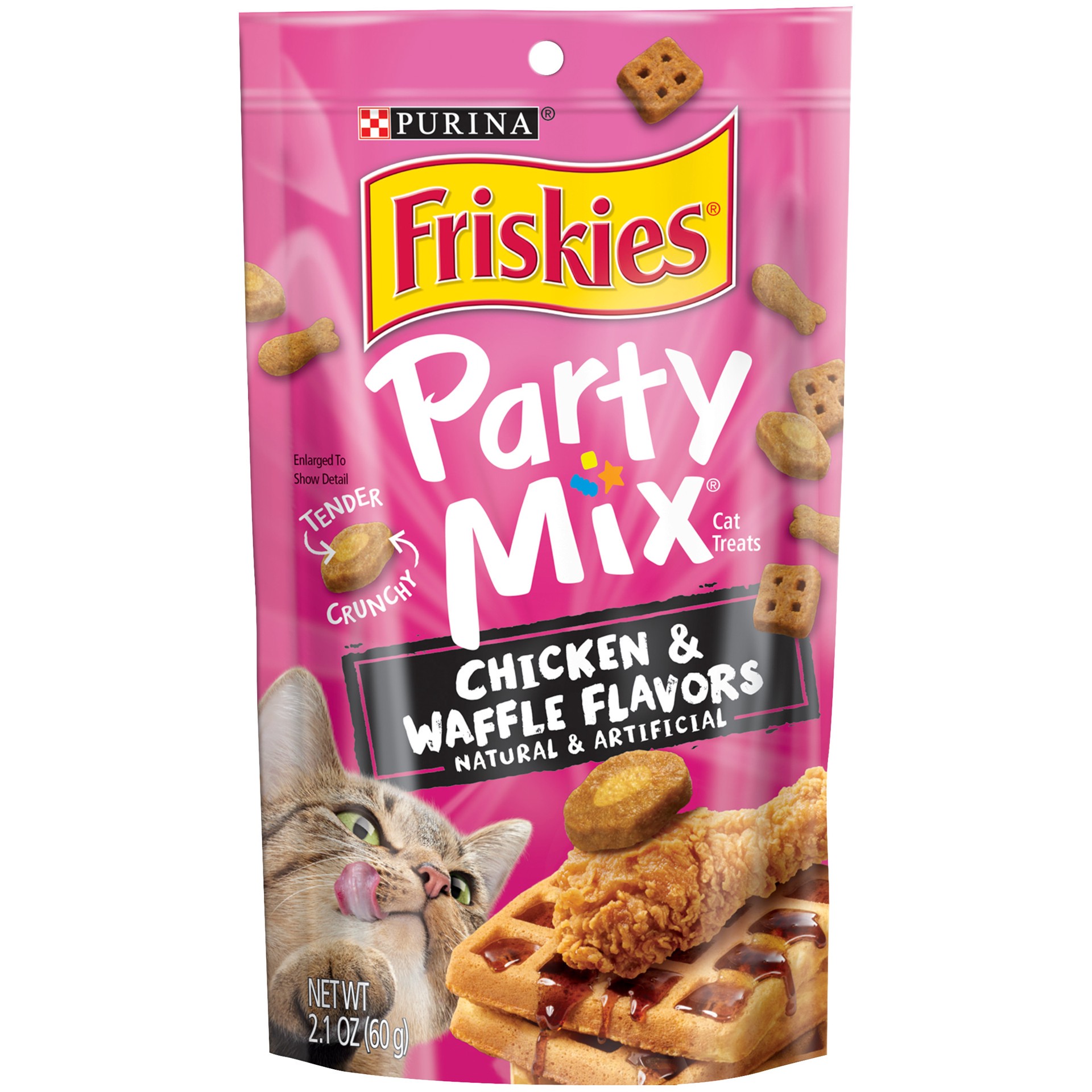 slide 1 of 7, Friskies Purina Friskies Made in USA Facilities Cat Treats, Party Mix Chicken & Waffle Flavors, 2.1 oz