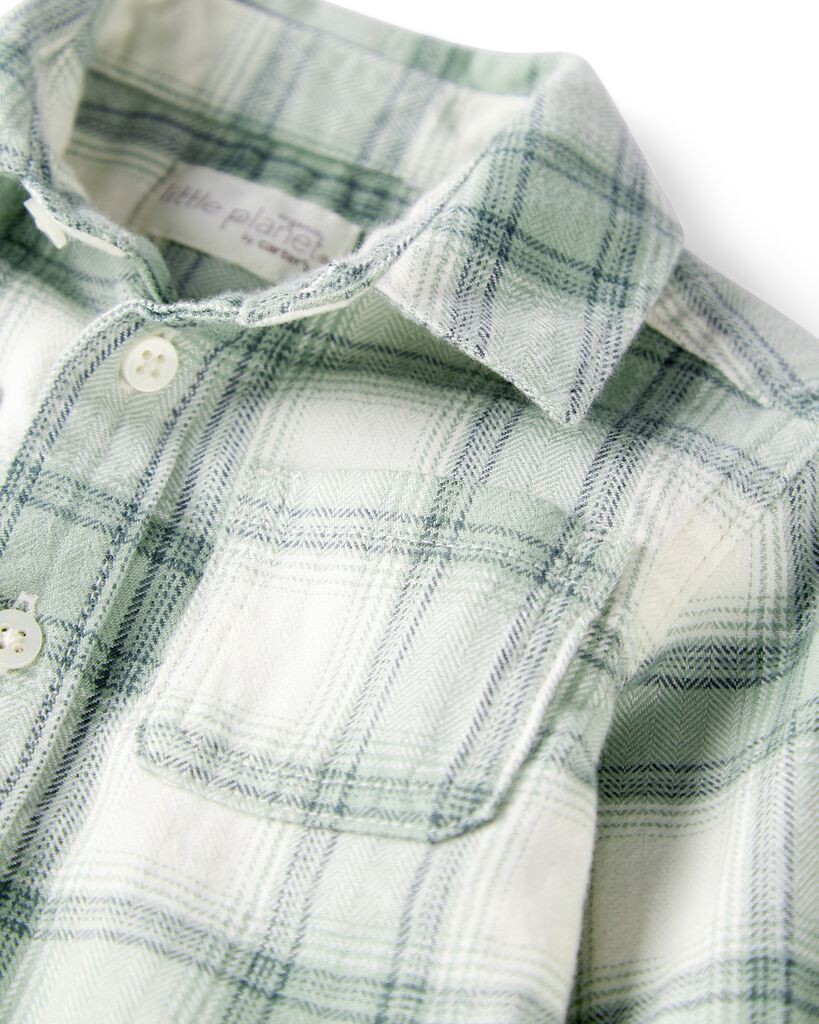 slide 2 of 3, Littleplanet Baby Organic Cotton Herringbone Button-Front Shirt in Plaid Green, Ivory 24M, 1 ct