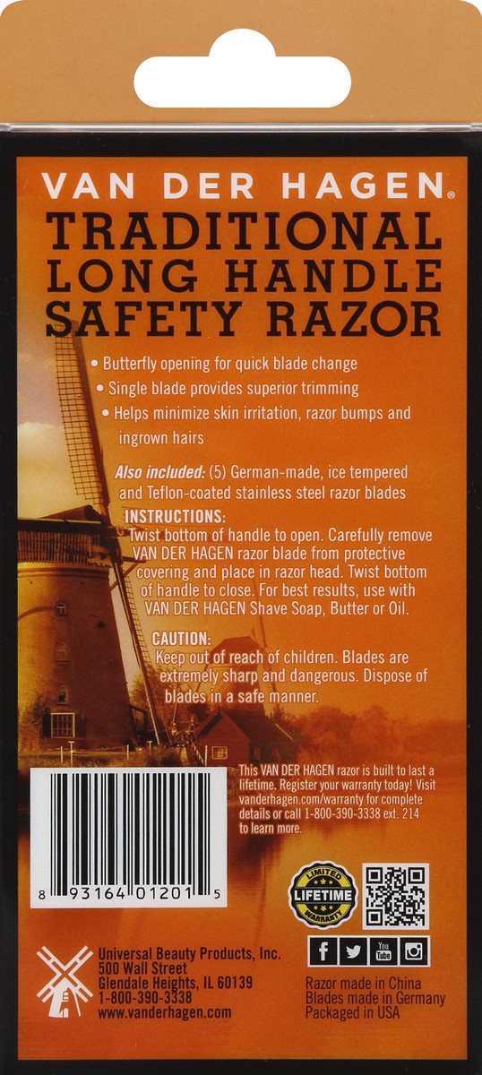 slide 6 of 6, Van Der Hagen Razor, Traditional Long Handle Safety, Gunmetal, 110MM Handle, 1 ct