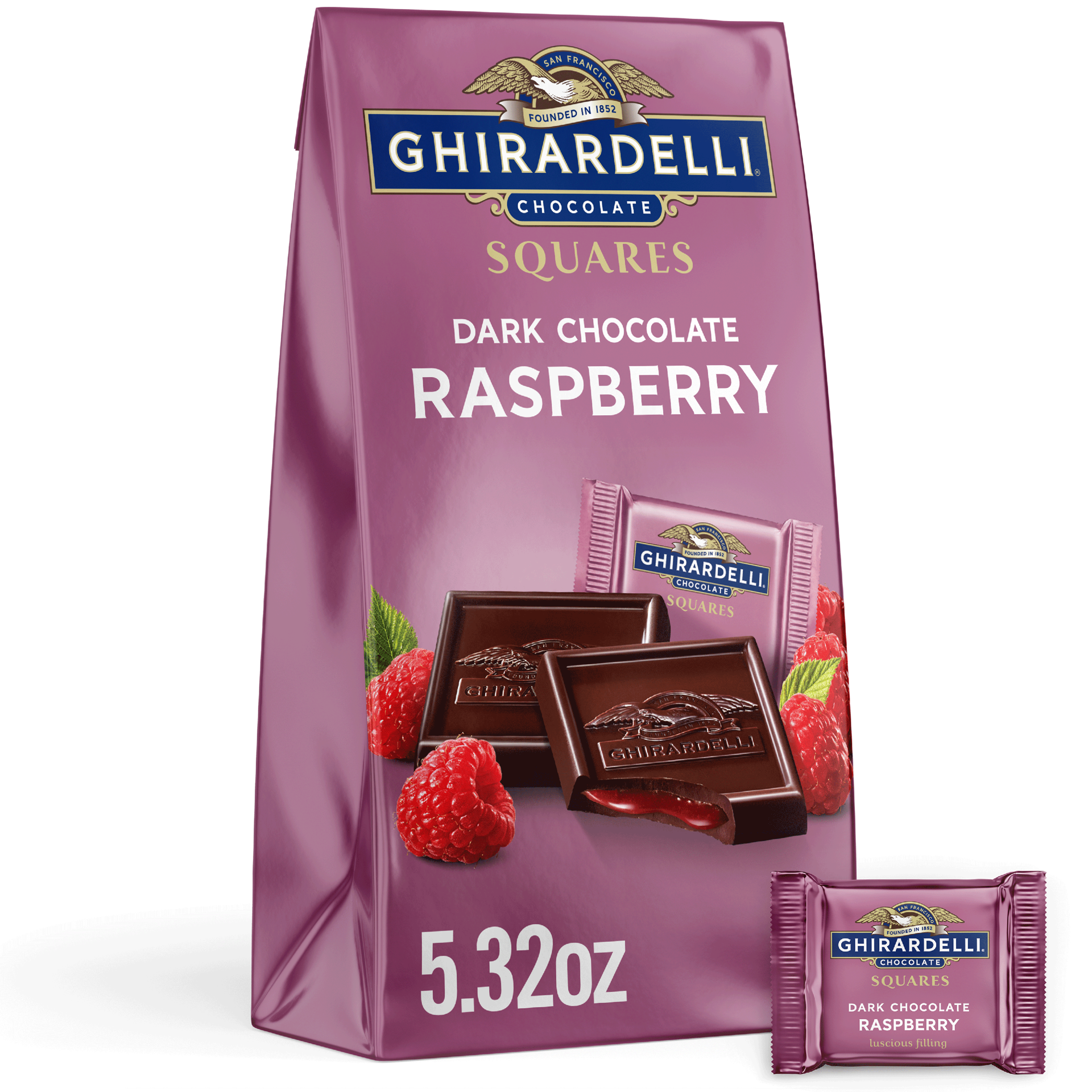 slide 1 of 17, GHIRARDELLI Dark Chocolate Raspberry Squares, 5.32 oz Bag, 5.32 oz