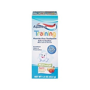 slide 1 of 1, Aquafresh Training Natural Apple-Banana Flavor Fluoride-Free Toothpaste, 1.5 oz