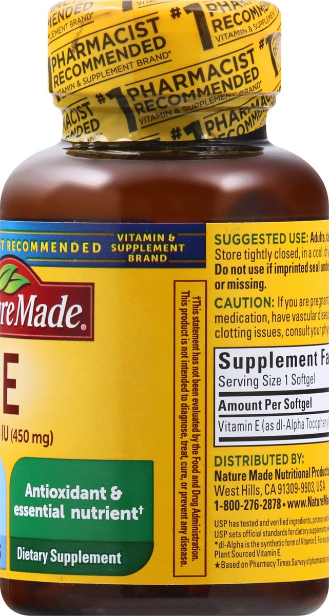 slide 10 of 12, Nature Made Vitamin E 450 mg (1000 IU) dl-Alpha, Dietary Supplement for Antioxidant Support, 60 Softgels, 60 Day Supply, 60 ct