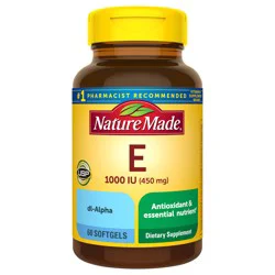 Nature Made Vitamin E 450 mg (1000 IU) dl-Alpha, Dietary Supplement for Antioxidant and Skin Support, 60 Softgels, 60 Day Supply