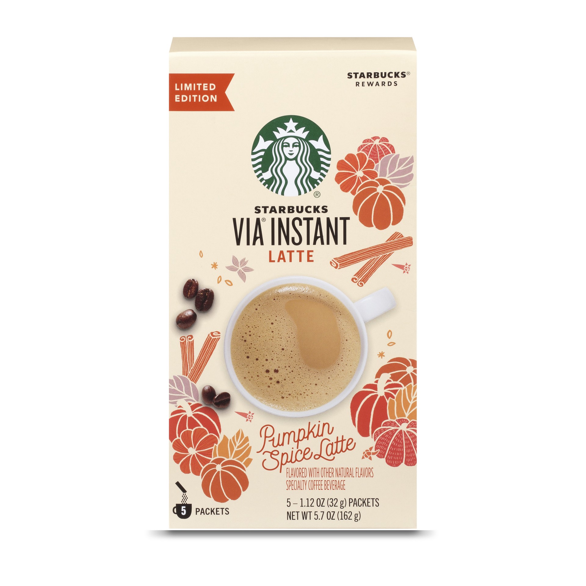 slide 1 of 8, Starbucks VIA Instant Flavored Coffee Packets—Pumpkin Spice Latte—Fall Limited Edition—100% Arabica—1 box (5 packets), 5.7 oz